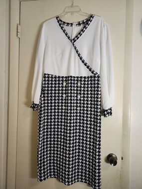 SHEIN White and Black Houndstooth Wrap-Detail Midi Dress